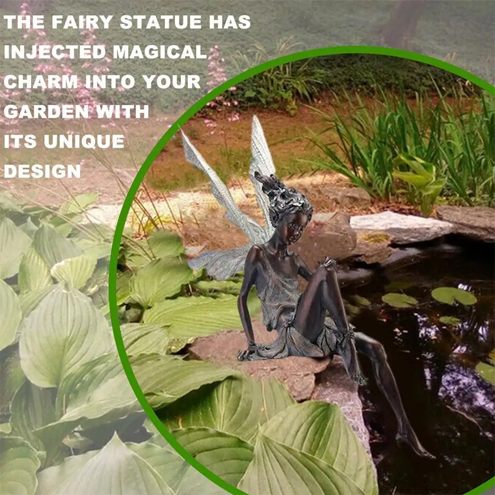 Figurines-Flower Fairy Resin Statue Decoration Outdoor Garden Angel Girl Sitting Figurines Sculpture Landscaping Yard Art Ornament