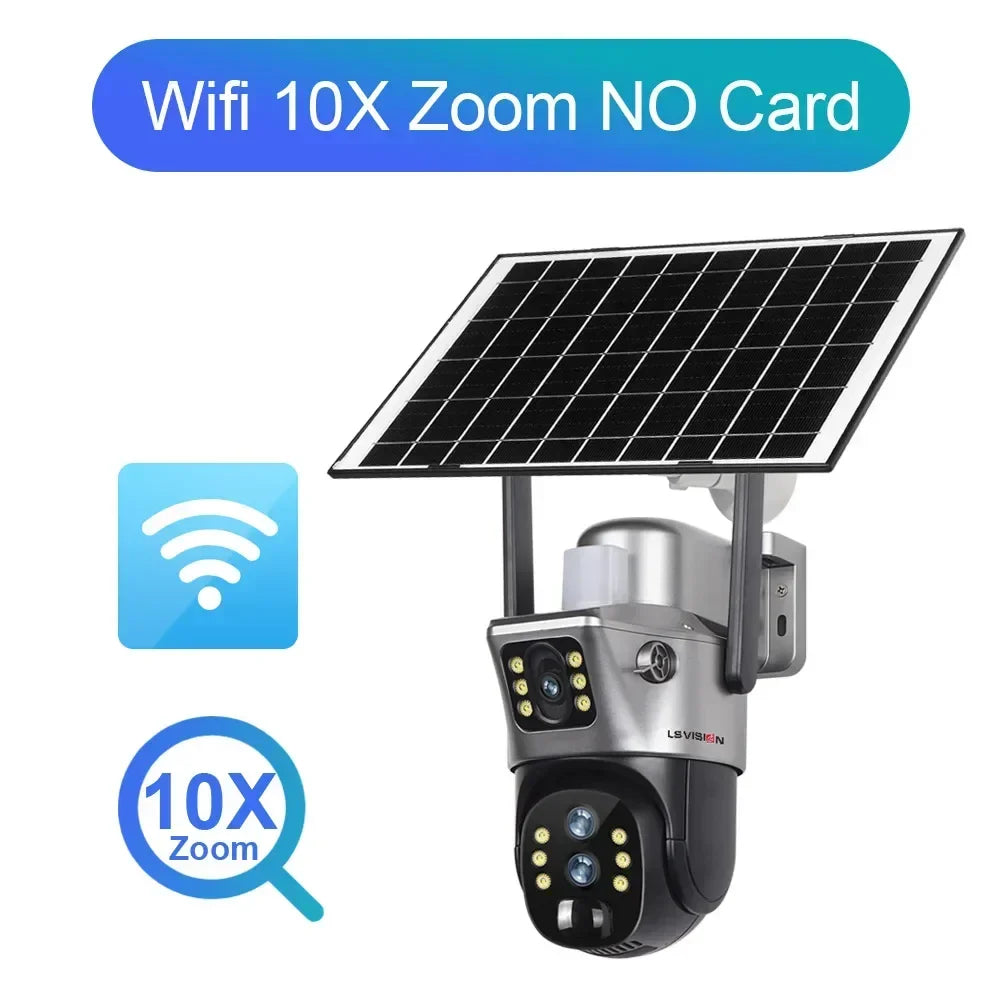 Home Security: Camera: LS VISION 12MP 10X Zoom Dual Screen Solar Camera 6K Ultra HD | Outdoor Surveillance | 4G/WiFi | Three-Lens System | Human Auto Tracking | V380 Pro App