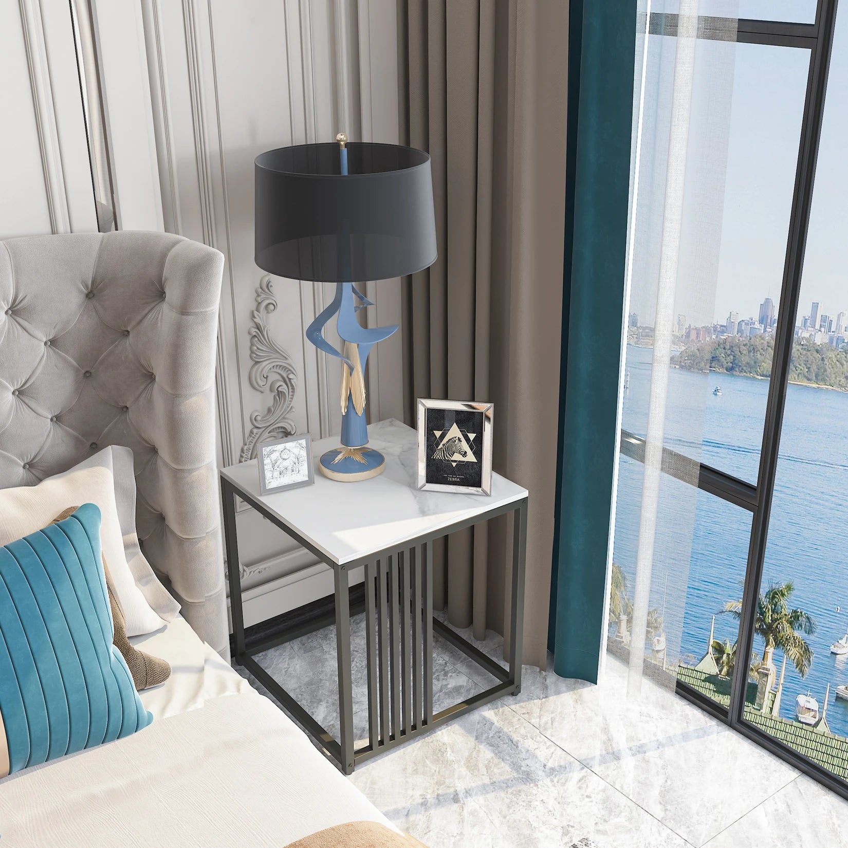 End Table-Minimalism Marble Stone Side Table, White Top Black Frame Side, Coffee Tables