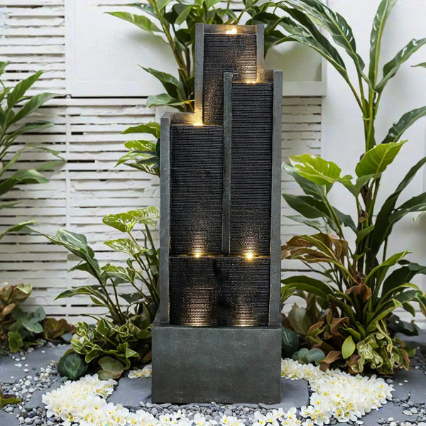 Water Fountain-LED Lights, Garden Water Fountain, 5-Tier, 50.7 in Floor Standing, Cascading Feature, Deck Patio, Porch, Yard