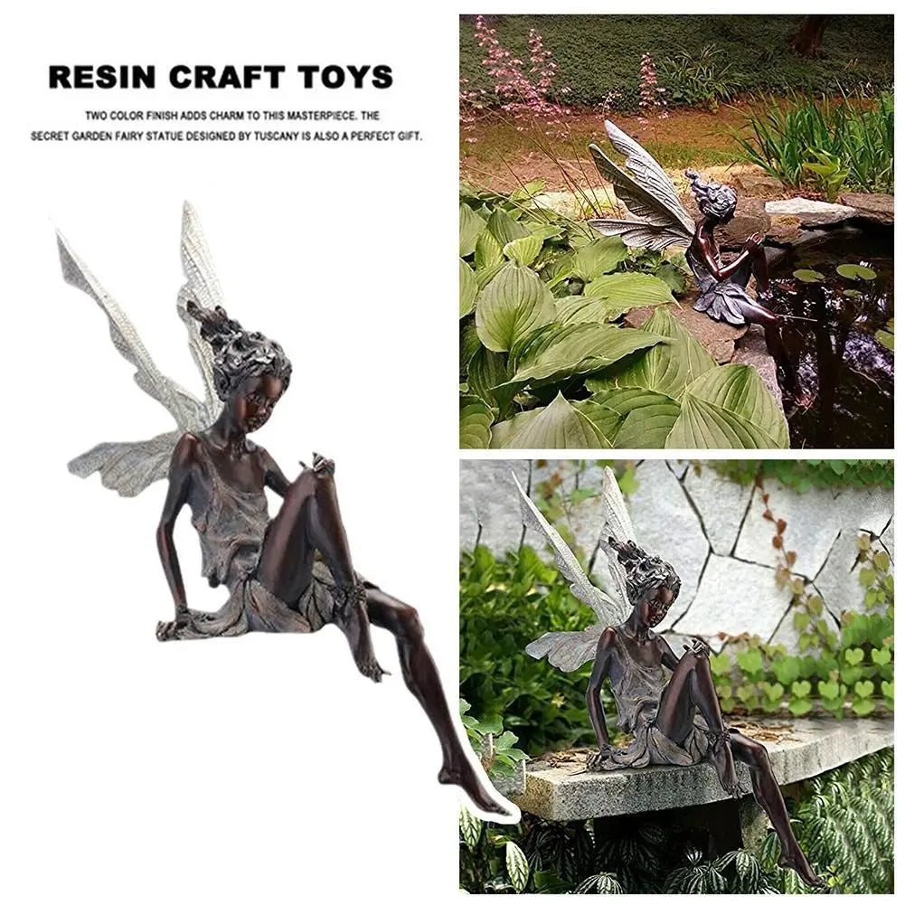 Figurines-Flower Fairy Resin Statue Decoration Outdoor Garden Angel Girl Sitting Figurines Sculpture Landscaping Yard Art Ornament