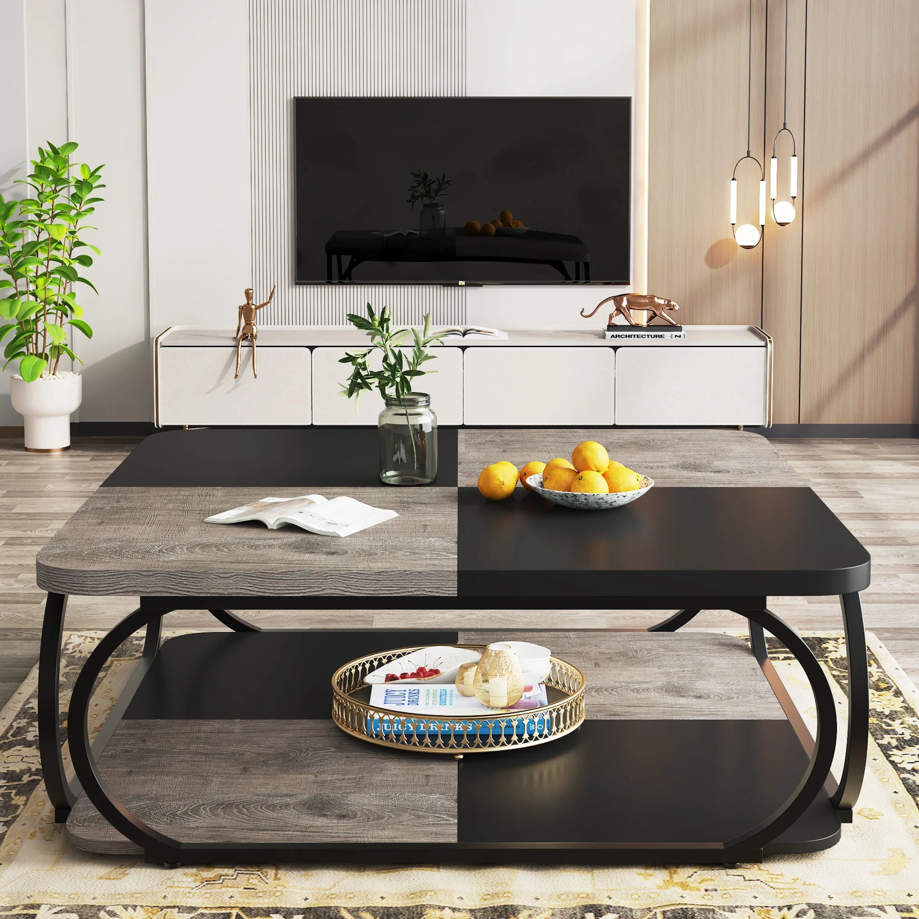 Coffee Table-Tribesigns Square Coffee Table, with 2 Tiers, 40 inches, Low Farmhouse Coffee Table, with Wood Storage Shelf, Heavy Duty Metal Curve