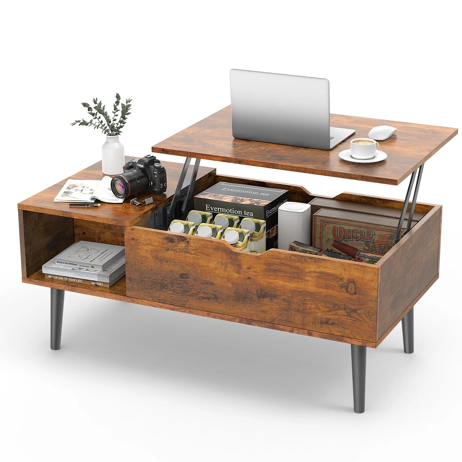 Home Decor: Table: Lift Top Coffee - Tea Wood - 39.37"x19.7" - Adjustable Storage