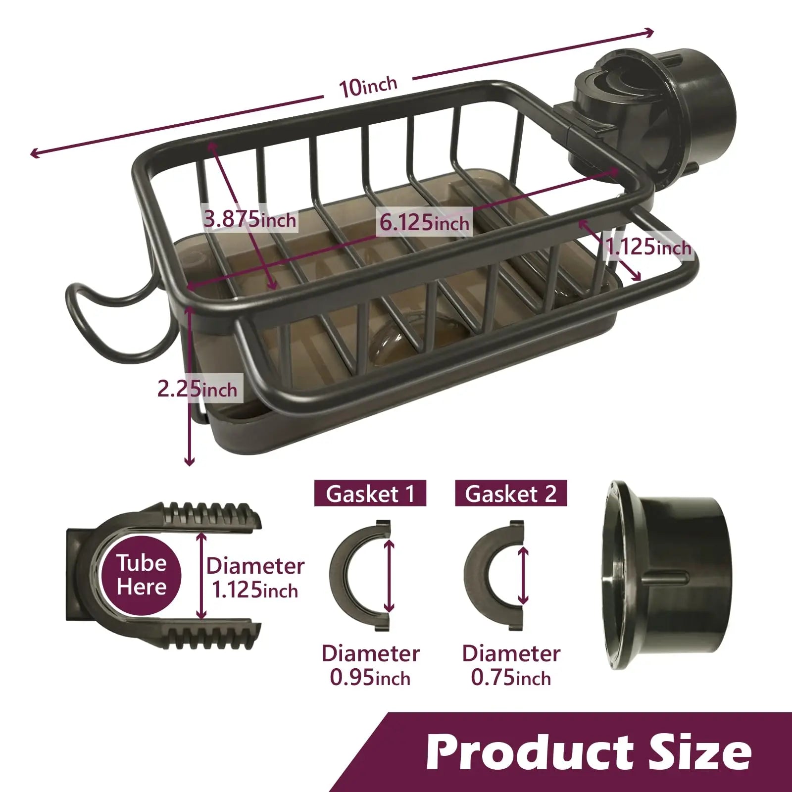 Kitchen Rack-Sink Faucet Organizer, Dish Sponge Holder, Adjustable Over Faucet for 0.7-1.1inch Round Water Pipe Rack
