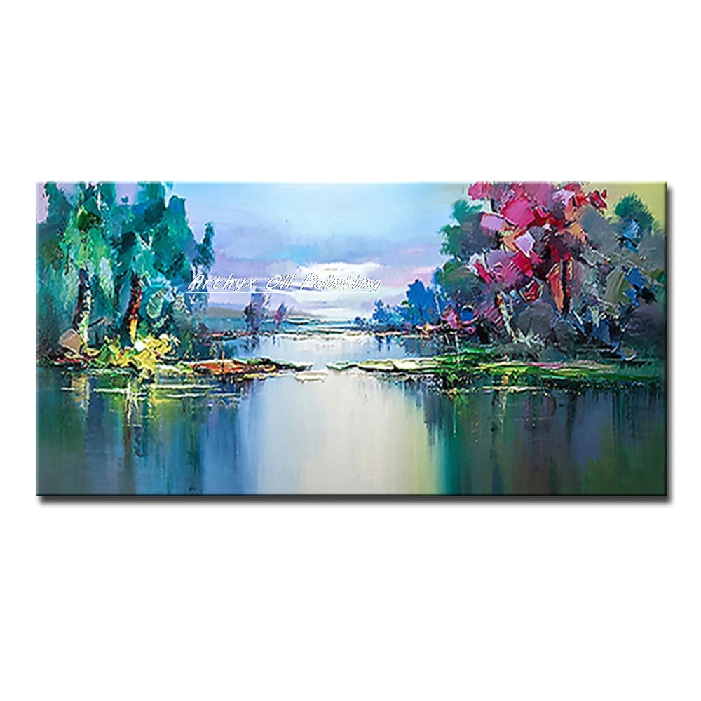 Canvas Art-Hand painted, Palette Knife, Tree, Oil Painting on Canvas, Modern Abstract Landscape Art Poster, Wall Pictures, Home Decor, Arthyx,Large
