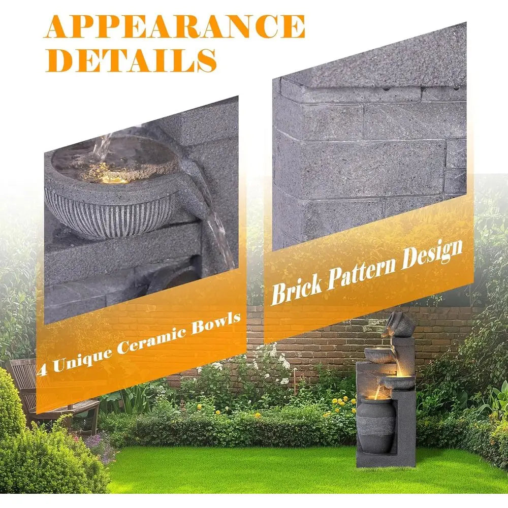 Water Fountain-4 Tiers, 32 inch, Cascading Resin Fountains and Waterfalls with LEDs and Bowls, Modern Floor-Stand, Outdoor/Indoor Garden