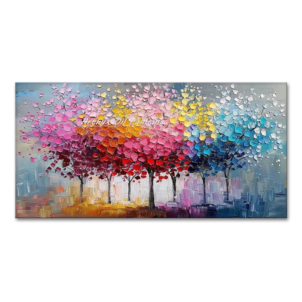 Canvas Art-Hand painted, Palette Knife, Tree, Oil Painting on Canvas, Modern Abstract Landscape Art Poster, Wall Pictures, Home Decor, Arthyx,Large
