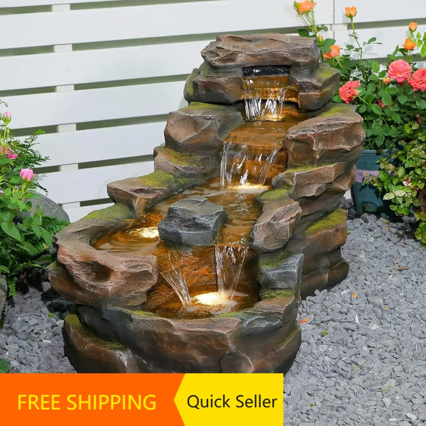 Water Fountain-LEDs Lights, Outdoor, Floor Standing, 5-Tiers, Rock Natural, Waterfall, Garden