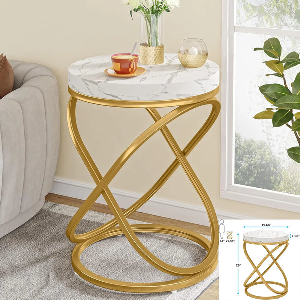 End Table-Square End Table, White Gold, 2-Tier Side Table, Modern Small Bedside Table with Storage for Couch ( Faux Marble White+Gold)