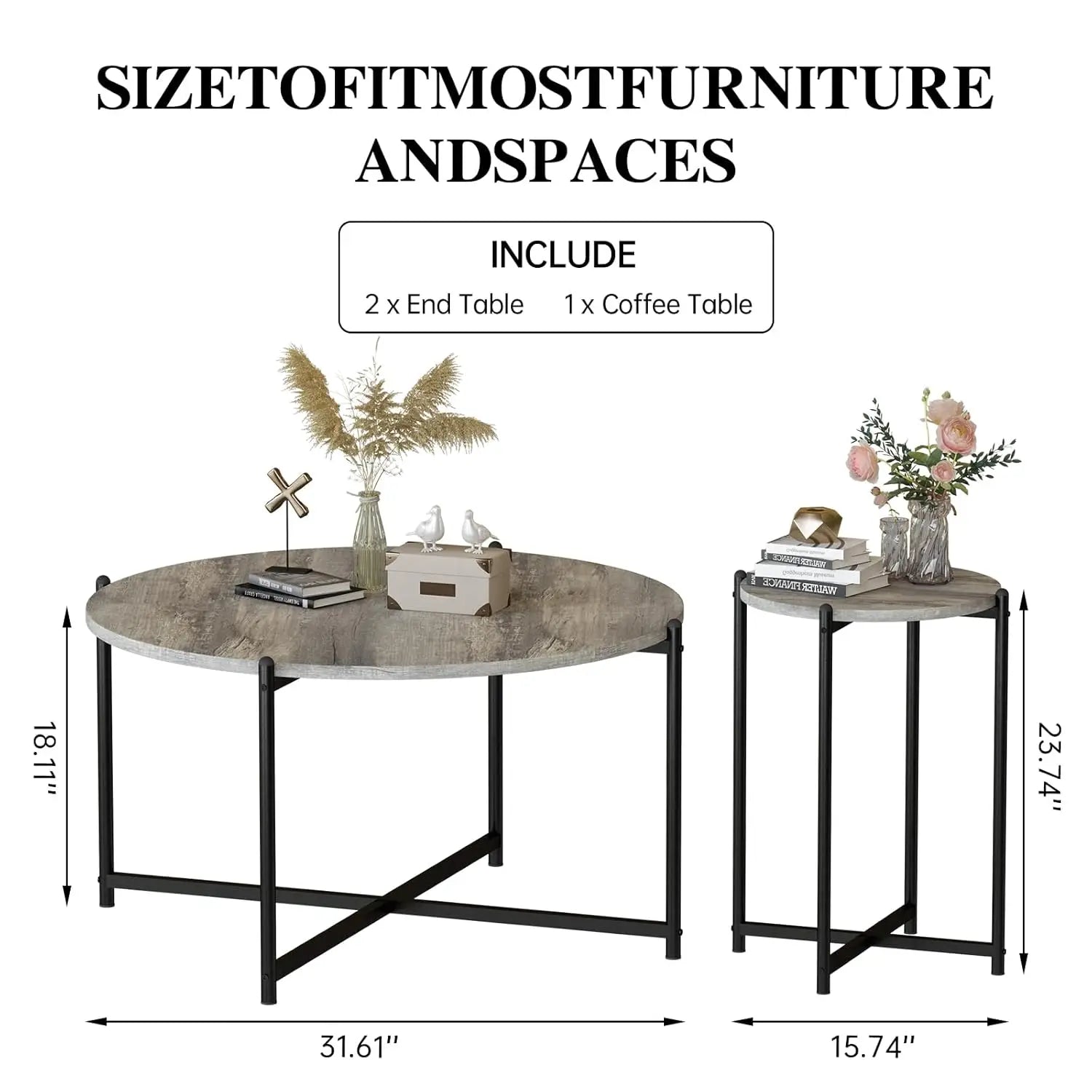 Coffee Table Set -Faux Marble Top Coffee Table Set Golden Frame 1 Coffee & 2 Accent Tables, Grey Customized, Living Room, Apartment, Office