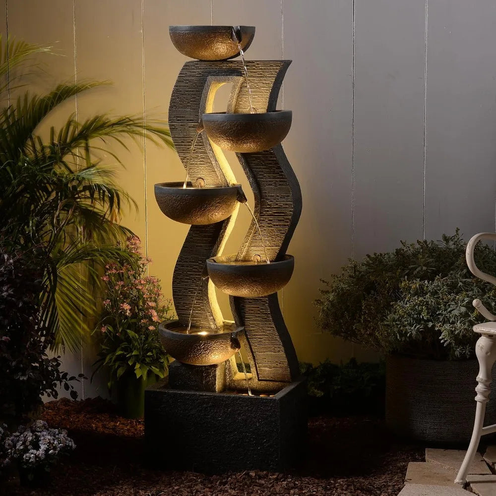 Water Fountain - 6-Tier Resin Garden Fountain – 52.8" - Wave Bowl Design for Courtyard, Patio, or Home Landscape
