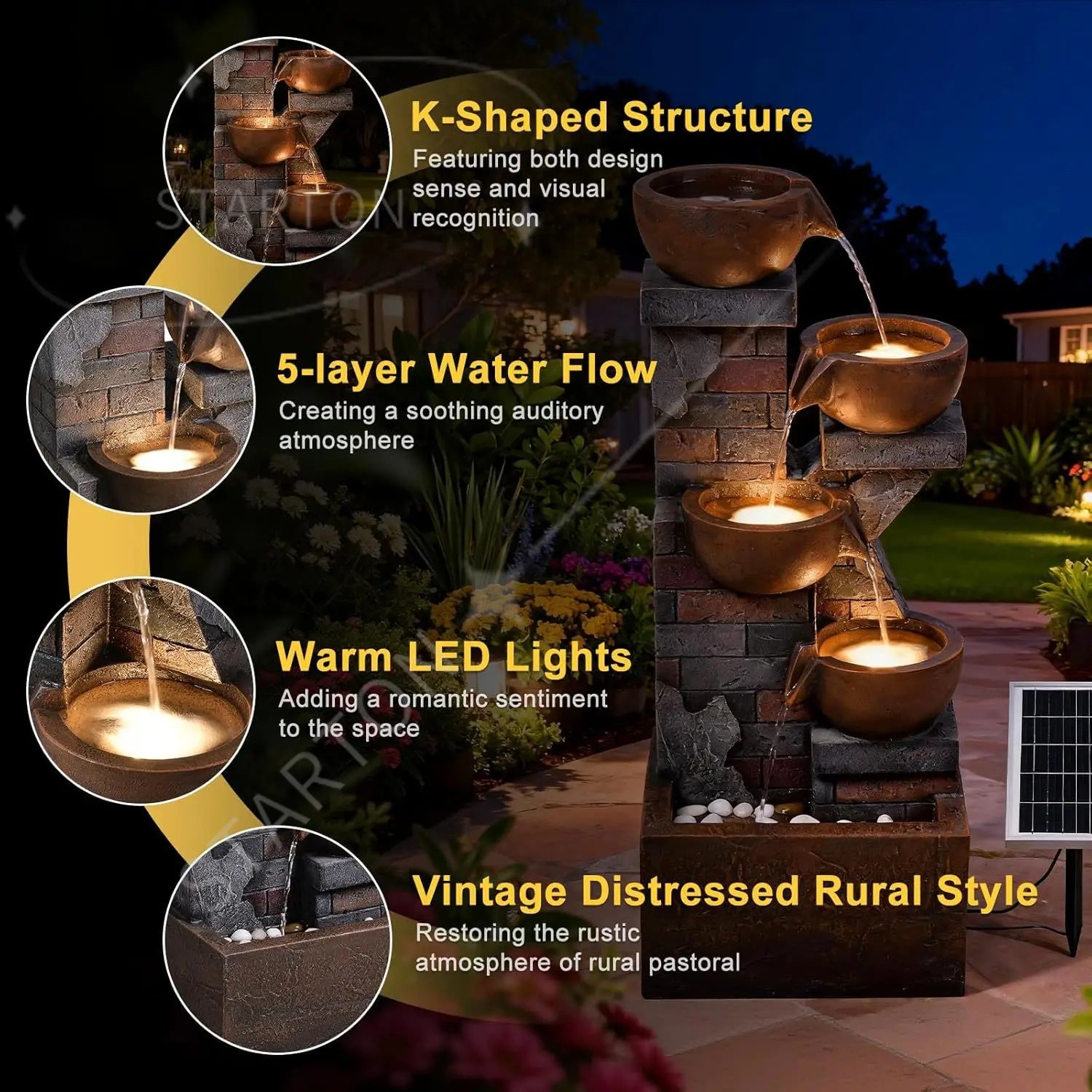 Water Fountain-5 Tiers, Solar, Outdoor, 33.5" H Shape K Waterfall Fountain with LED Lights for Patio, Balconies, Lawns