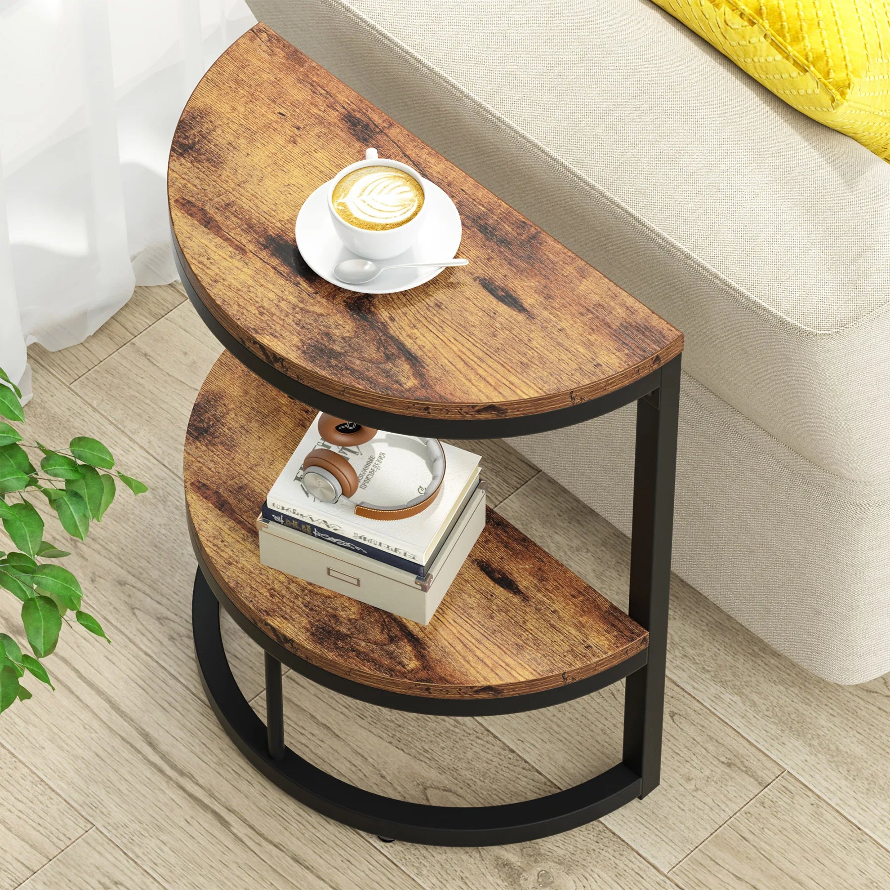 End Table-Semi Circle, Small Half Round, Side Table with Storage Shelf, Accent Table, Slim C Table for Sofa Couch, Tribesigns