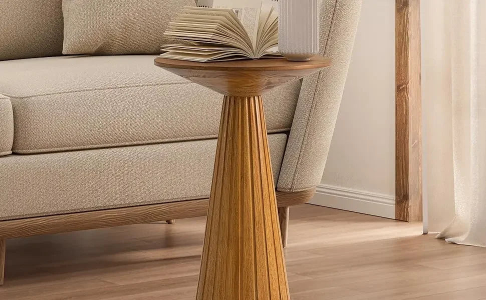 End Table - Compact Walnut Wood Round Pedestal – Martini Table & Plant Stand for Small Spaces