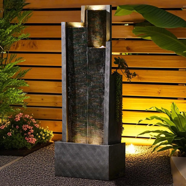 Water Fountain-49.6" H Garden Fountain Outdoor Modern Cascading Indoor Water Fountain Tall Floor - Standing Fountain with Lights, Customized