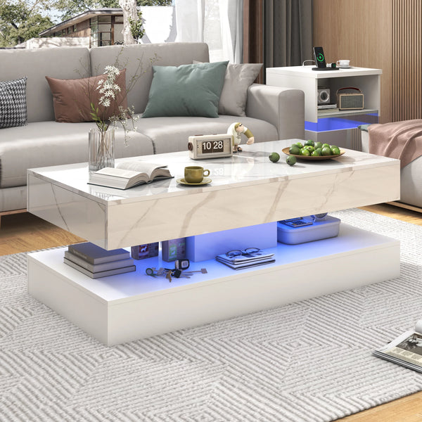 Coffee Table-Modern Stylish Coffee Table with LED lights, Double-Layer Design for Living Room Coffee Table with 2 Storage Drawers