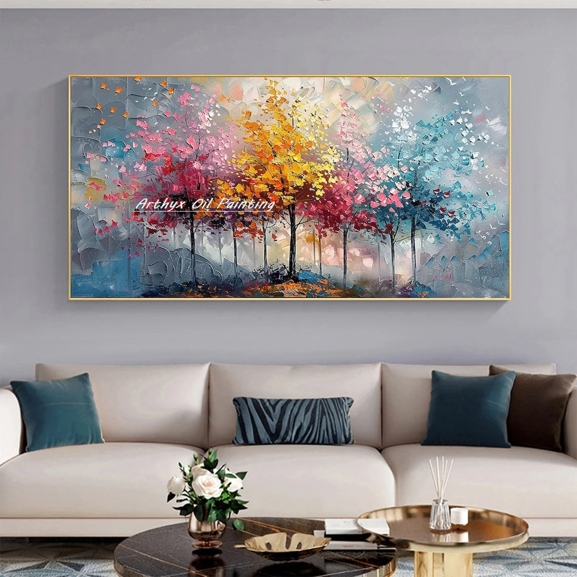 Canvas Art-Hand painted, Palette Knife, Tree, Oil Painting on Canvas, Modern Abstract Landscape Art Poster, Wall Pictures, Home Decor, Arthyx,Large