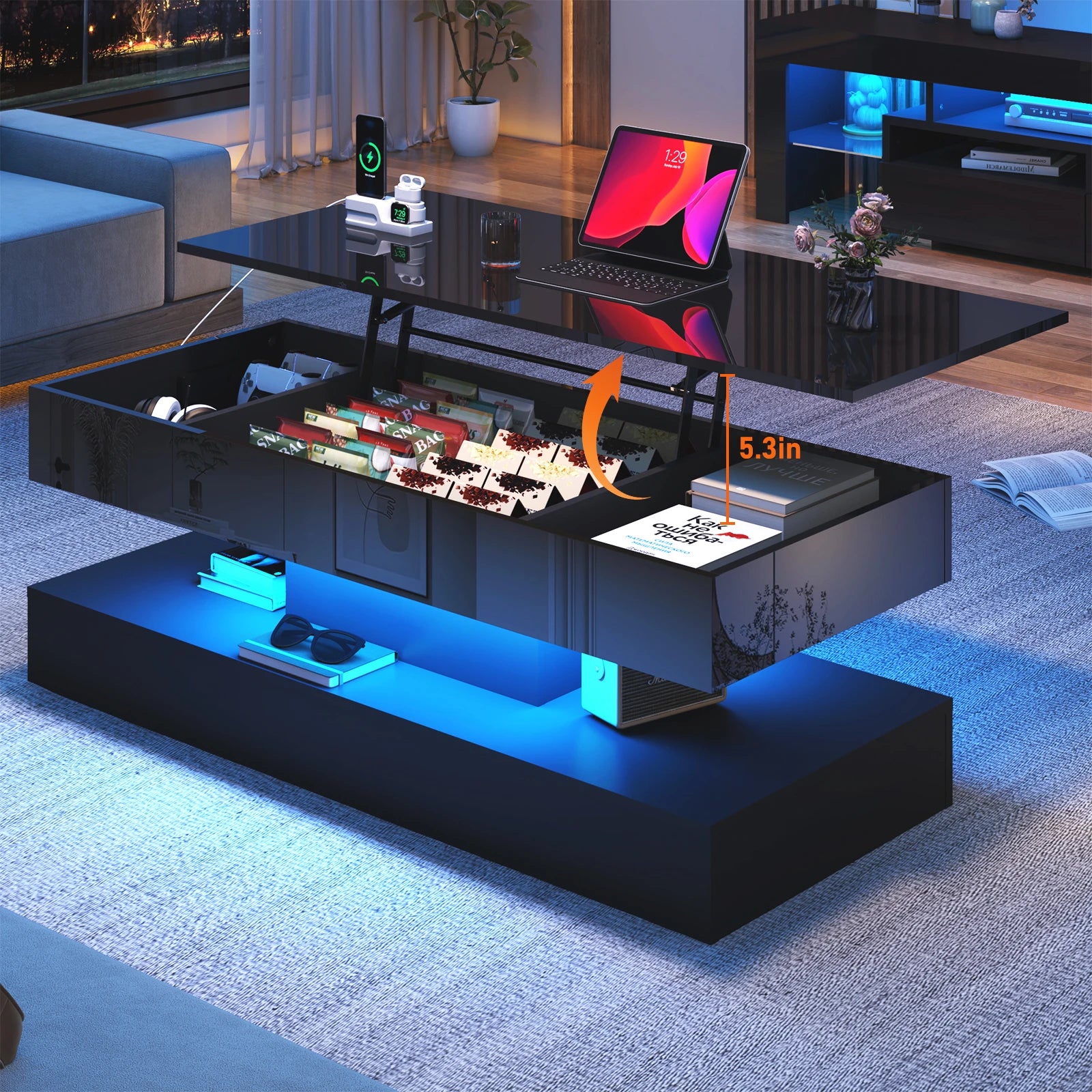 Coffee Table - Modern LED - Grey Marble Nesting (Set of 2) with Round End - Waterproof Surface & Metal Legs