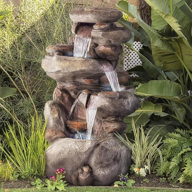 Water Fountain-White LED Lights, Rock Water Feature, 4 Tier Cascading Streams, 40" Floor Fountain, Tranquil Outdoor Water Feature, Garden, Patio, Yard
