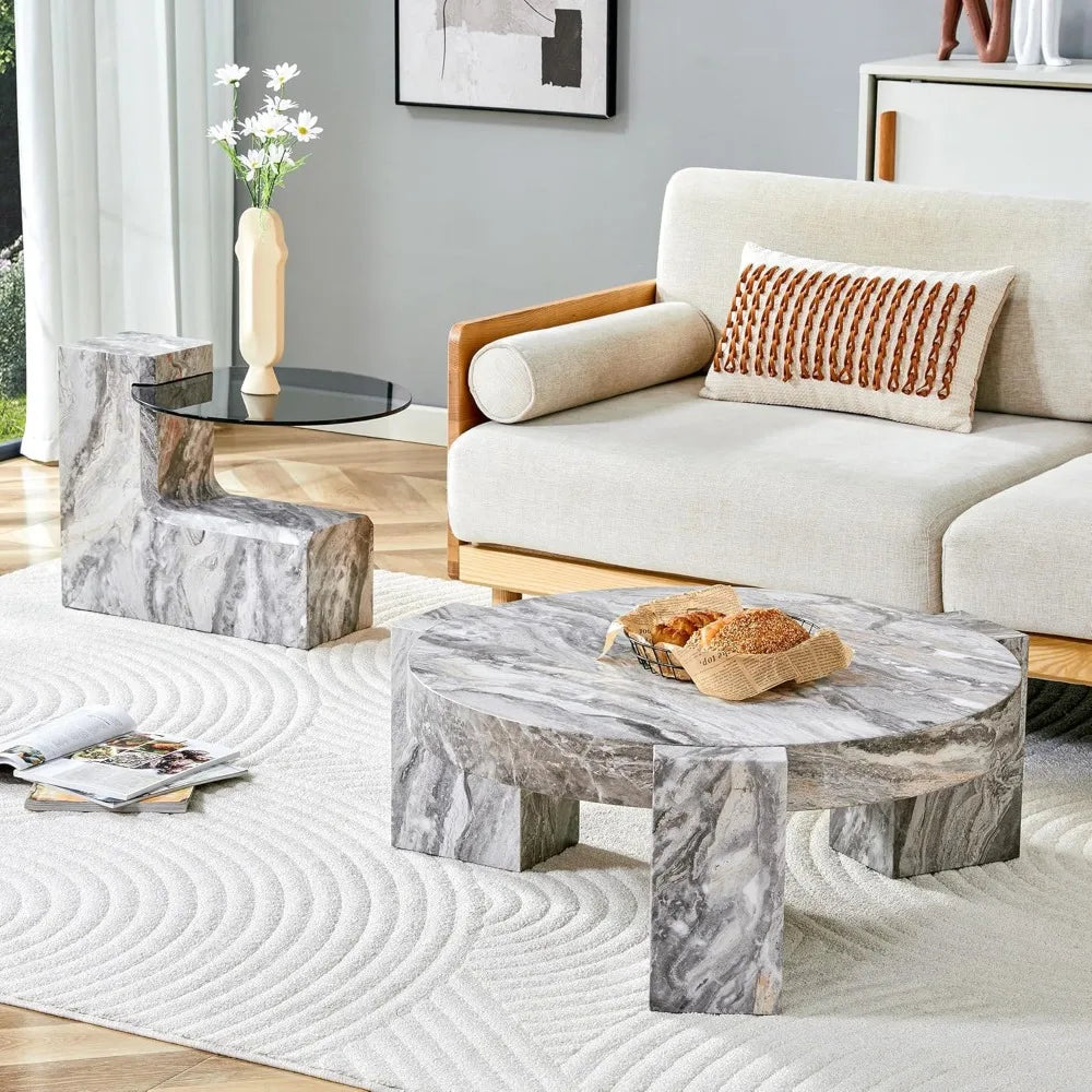 Coffee Table-Round Set of 2, Gray Faux Marble, Glass top End Table, Modern Circular Detachable Nesting