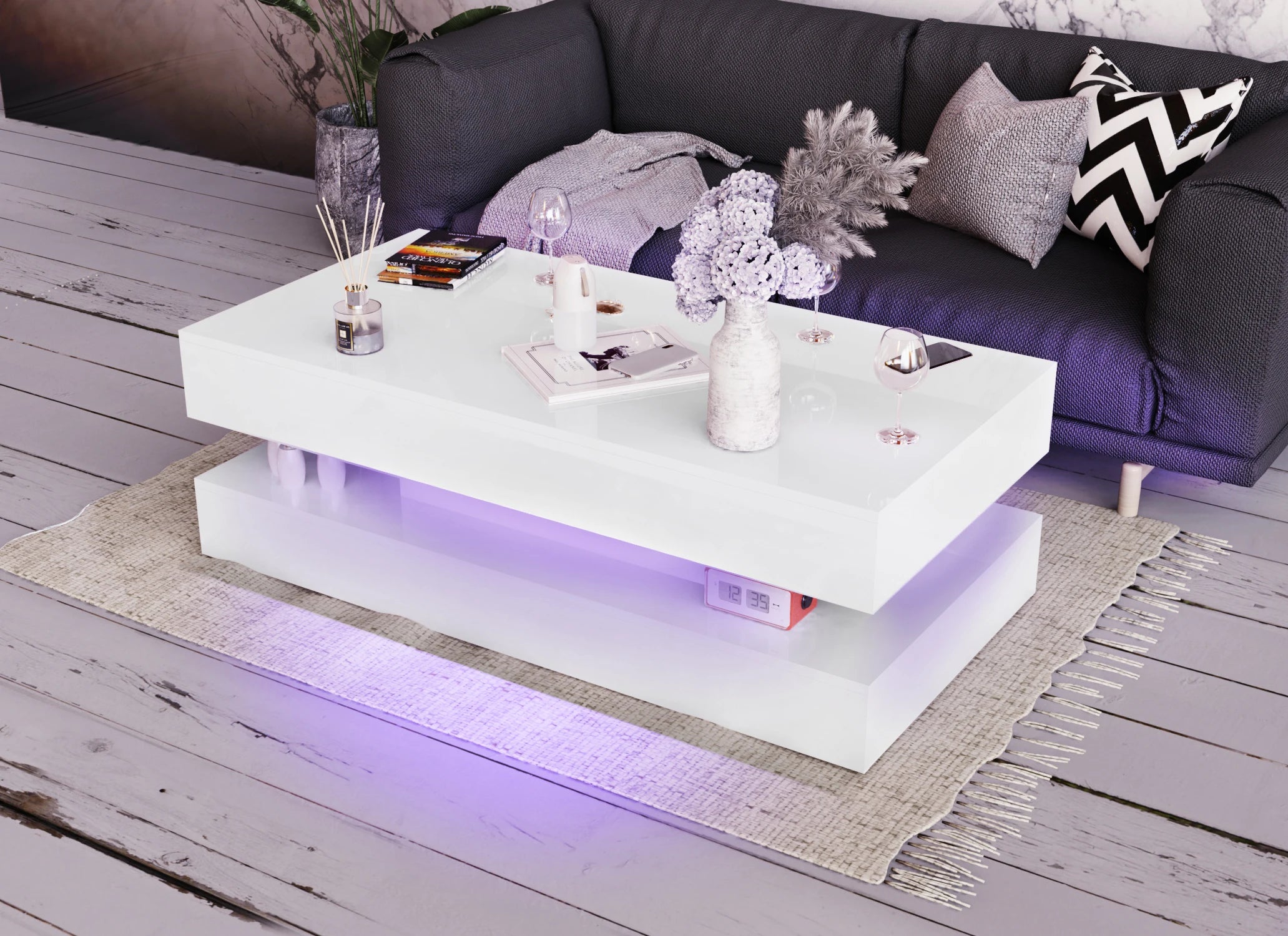 Coffee Table - Modern LED - 47.3 inch – High Gloss Finish with Dual Storage Drawers for Living Room