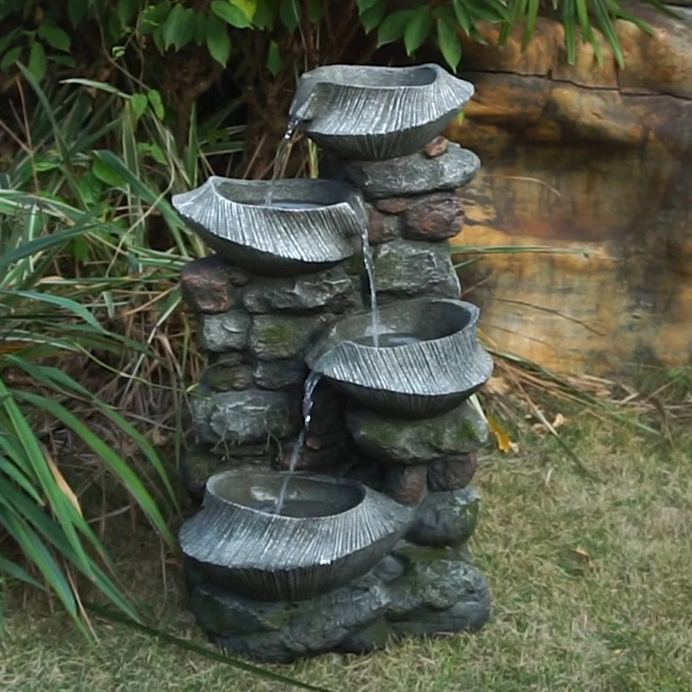 Water Fountain-19x15x31.5" Indoor Outdoor Stone Water Fountain, 4-Tier Polyresin Cascading Rock Bowl Fountain, Freestanding Fountain with LED Ligh