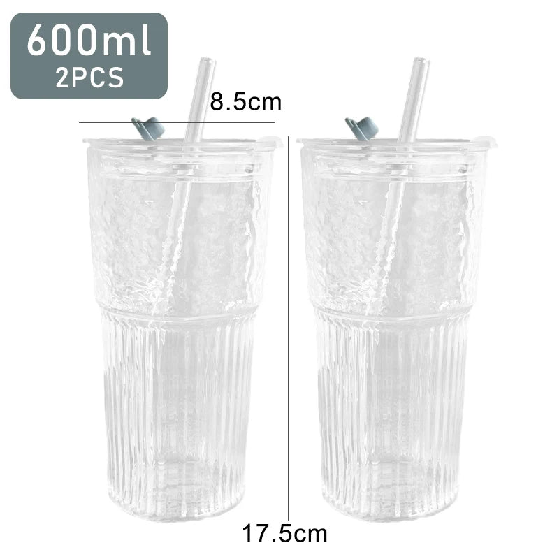 Home Kitchen: Drinkware: 600ml Stripe Glass Cup -  Transparent with Lid and Straw