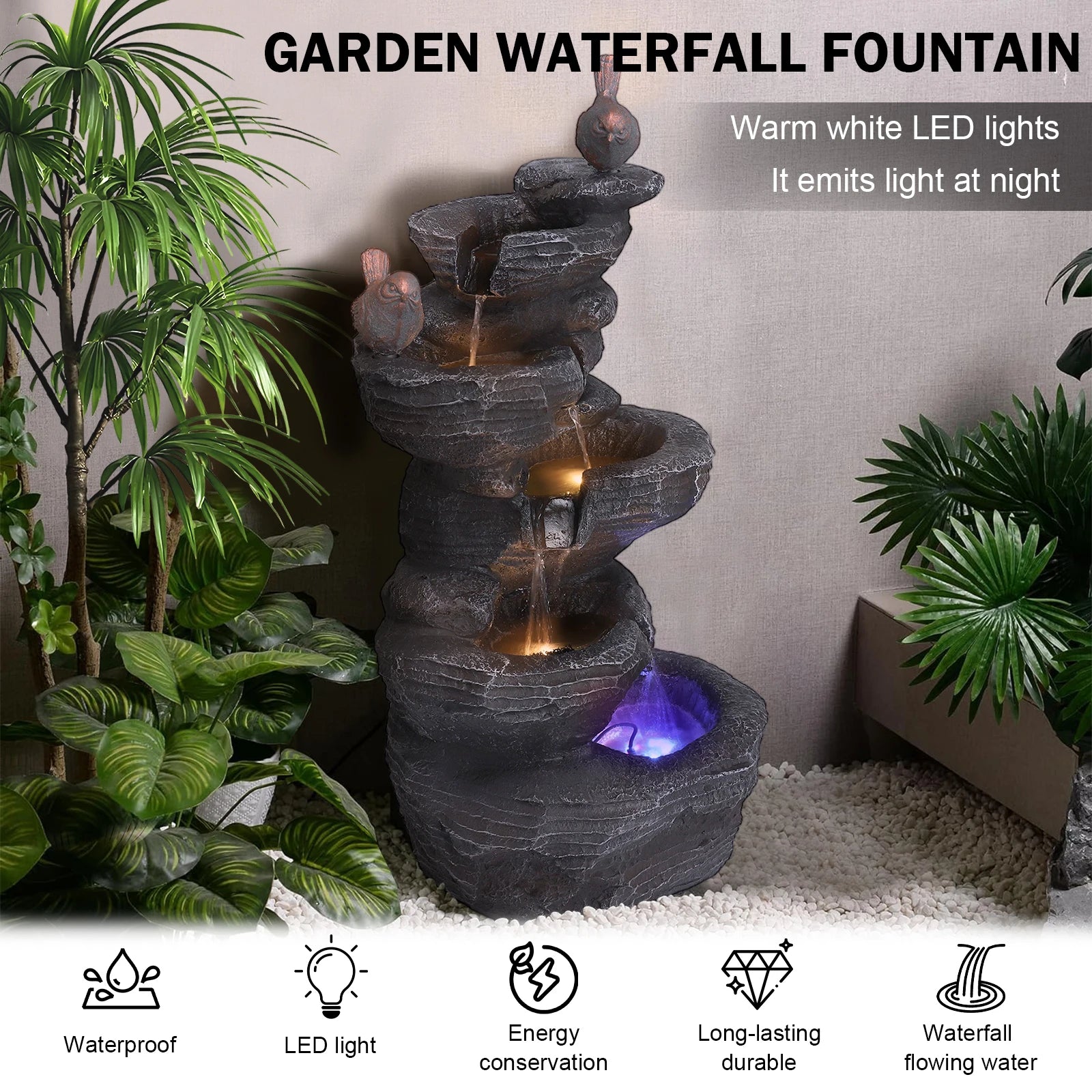 Water Fountain-Cascading Rock Water Fountain with LED Lights, Tabletop Water Fountain, Tabletop Fountain, Relax Meditation Decor