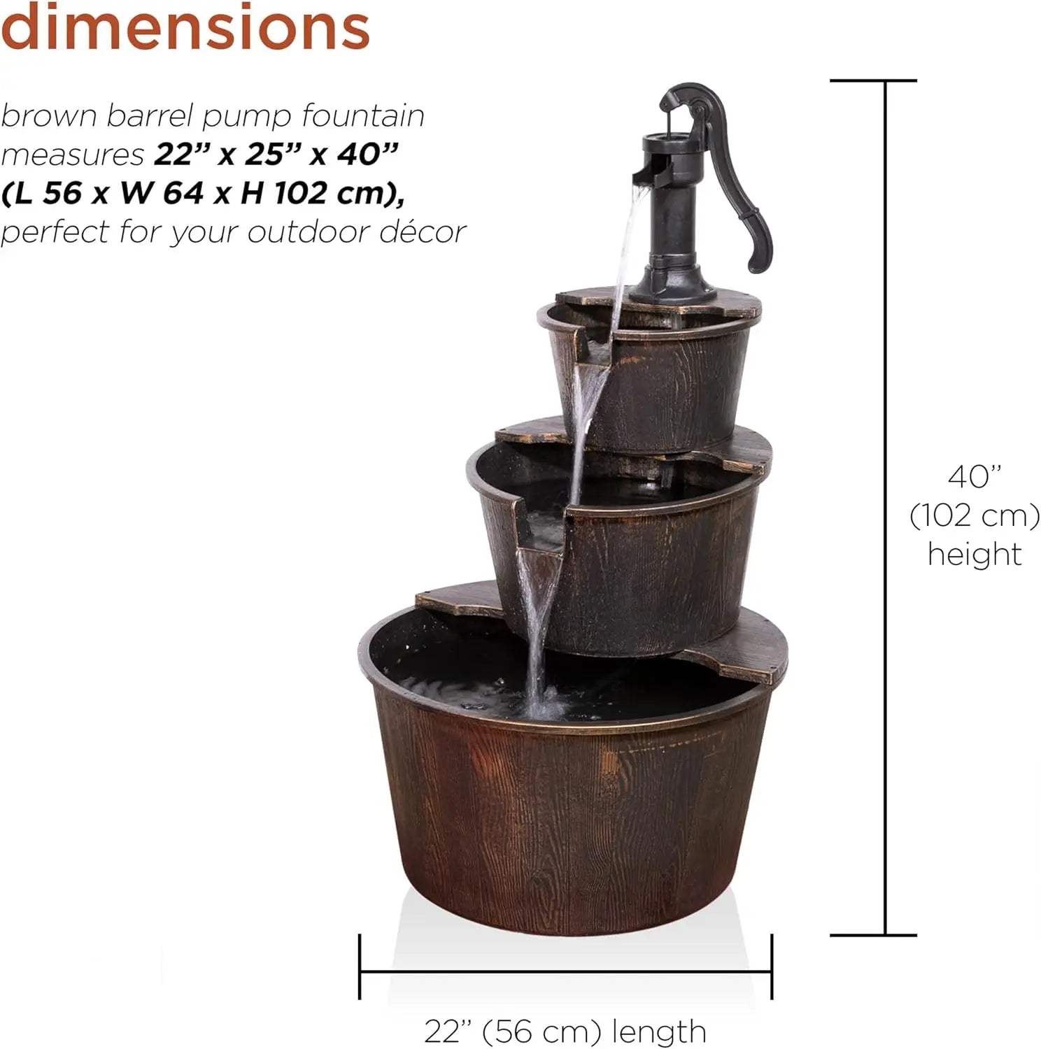 Water Fountain-40" Tall Outdoor Fountain, Floor Tiered Rustic Pump Fountain, and Barrel Water Fountain, Old-Fashioned Waterfall for Garden, Patio, Yard, Dark