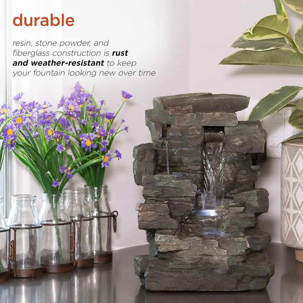 Water Fountain-LED Lights, 13 in Tall, Indoor Tabletop, 4 Tier Cascading, Water Feature, Home, Living Room, Zen Decor,