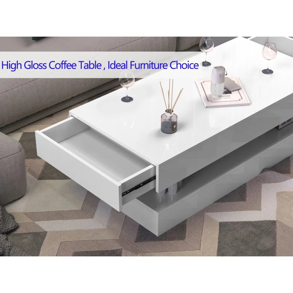 Coffee Table-47.2 High Glossy LED Coffee Table, Modern Center Table with 2 Storage Drawers for Living Room