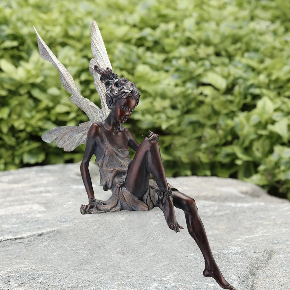 Resin Figurine - Outdoor Fairy Sculpture – Sitting Angel Ornament for Garden, Patio, or Lawn Decoration