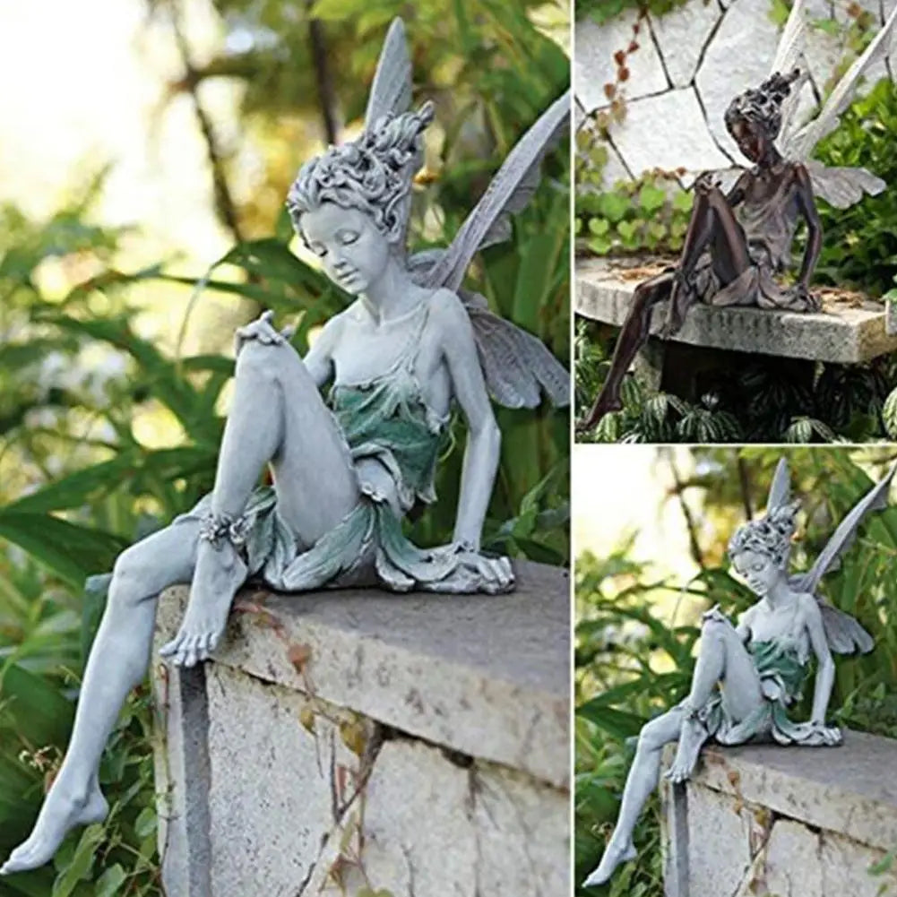 Figurines-Flower Fairy Resin Statue Decoration Outdoor Garden Angel Girl Sitting Figurines Sculpture Landscaping Yard Art Ornament