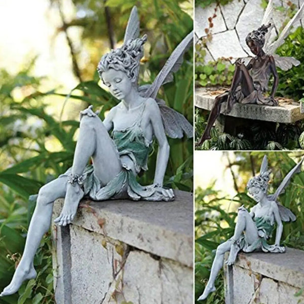 Figurines-Flower Fairy Resin Statue Decoration Outdoor Garden Angel Girl Sitting Figurines Sculpture Landscaping Yard Art Ornament