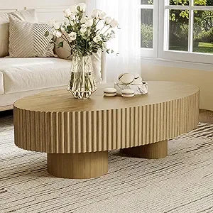 Coffee Table – Oval Fluted - Modern Walnut Finish Olive-Shaped Drum for Living Room