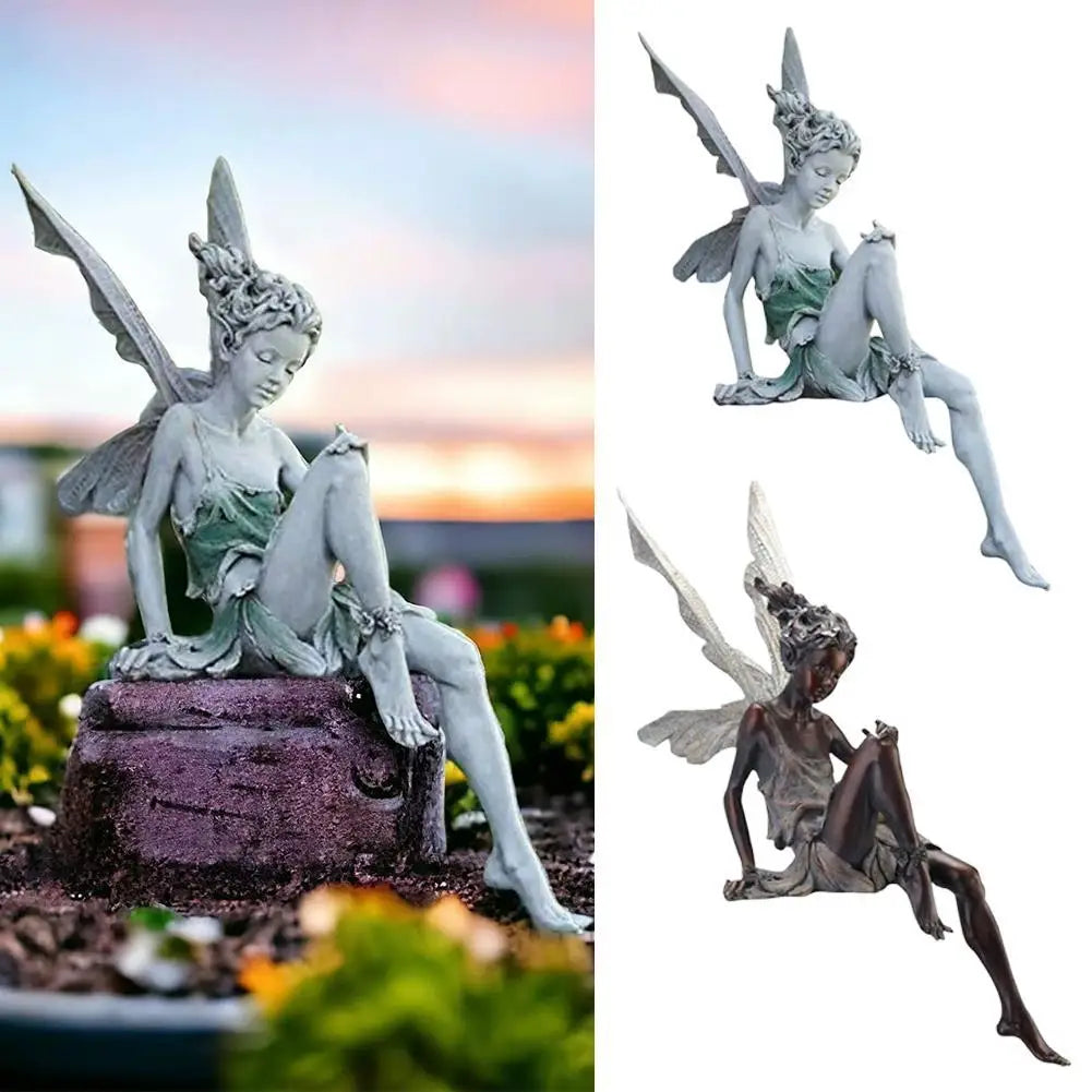 Figurines-Flower Fairy Resin Statue Decoration Outdoor Garden Angel Girl Sitting Figurines Sculpture Landscaping Yard Art Ornament