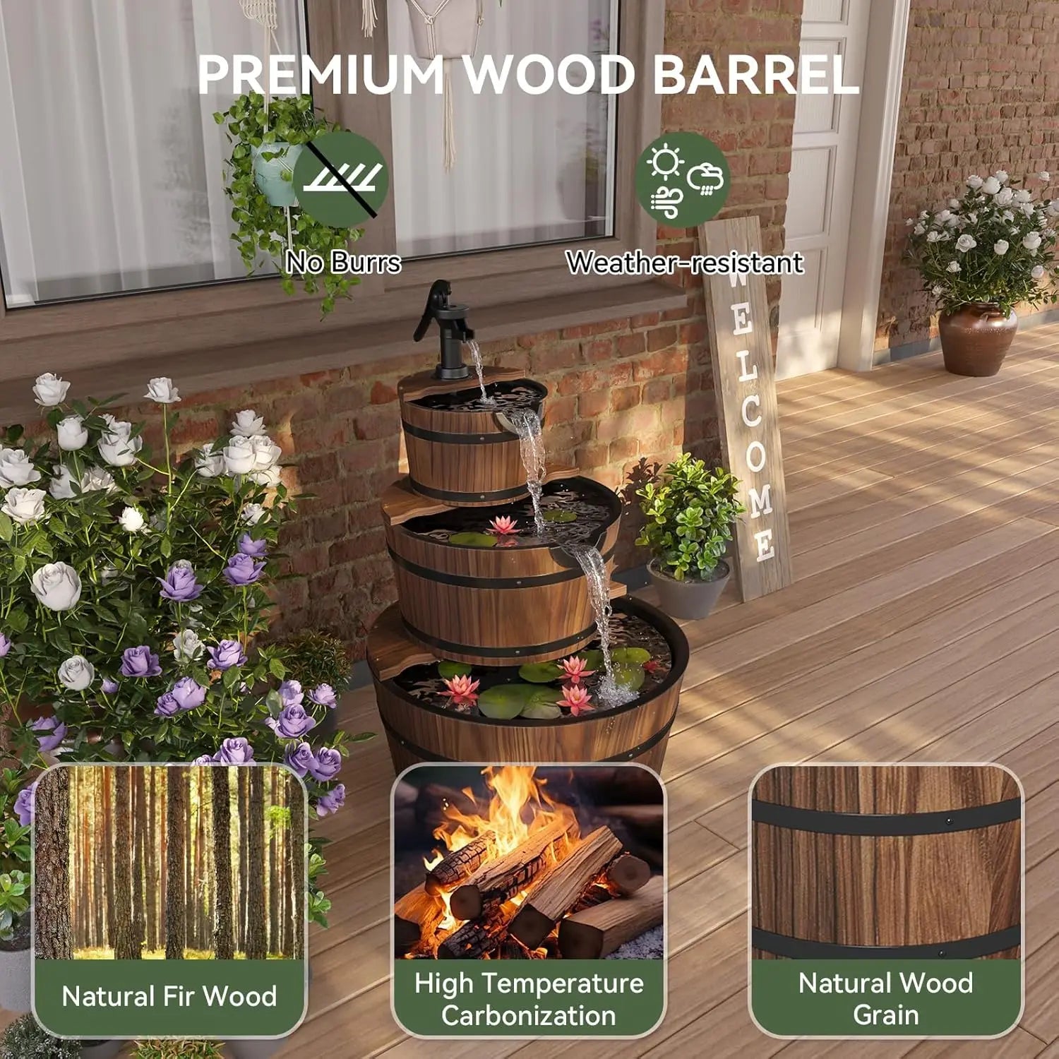 Water Fountain- 3-Tier Outdoor, Wood Barrel, Cascading, Electric Decorative Hand Pump, Rustic Waterfall Fountain