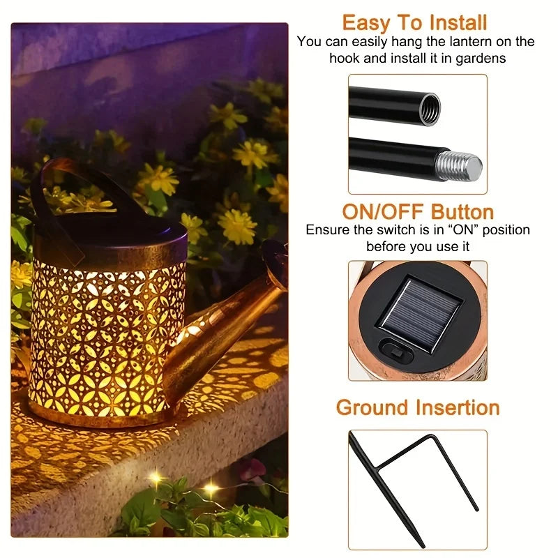 Solar-Powered LED Lamps-Large Retro Metal Lantern, Watering Can, Outdoor Waterproof, Shower Lights, Hanging Star, LED Fairy for Garden