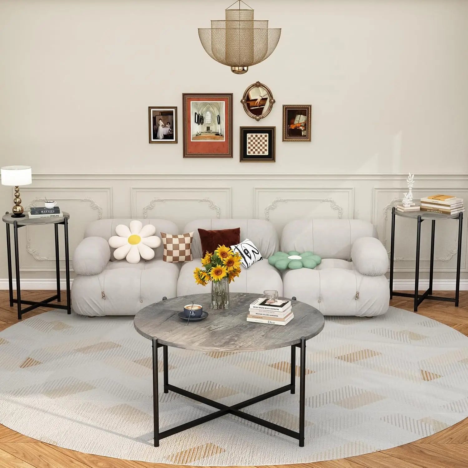 Coffee Table Set -Faux Marble Top Coffee Table Set Golden Frame 1 Coffee & 2 Accent Tables, Grey Customized, Living Room, Apartment, Office