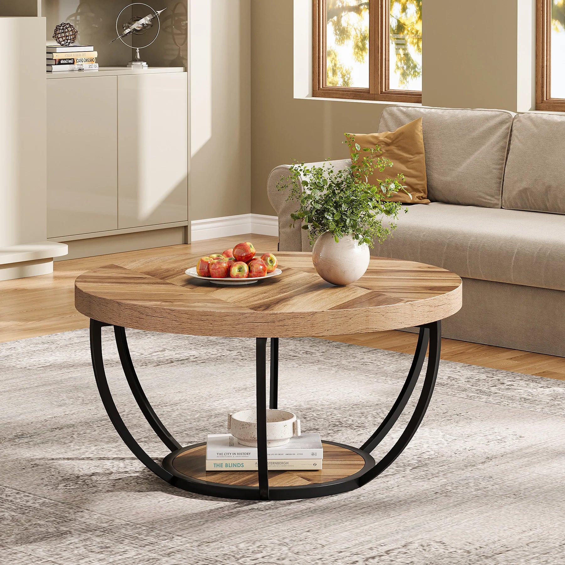 Coffee Table-Tribesigns 31.7 inch Round Coffee Table, Industrial 2-Tier Circle Coffee Table with Storage Shelves, Modern Wooden Accent Table