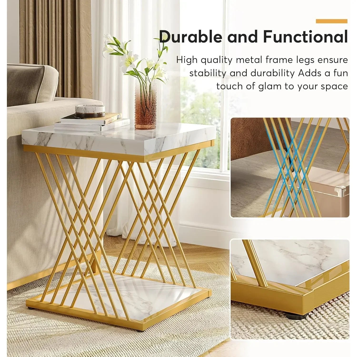 End Table-Square End Table, White Gold, 2-Tier Side Table, Modern Small Bedside Table with Storage for Couch ( Faux Marble White+Gold)