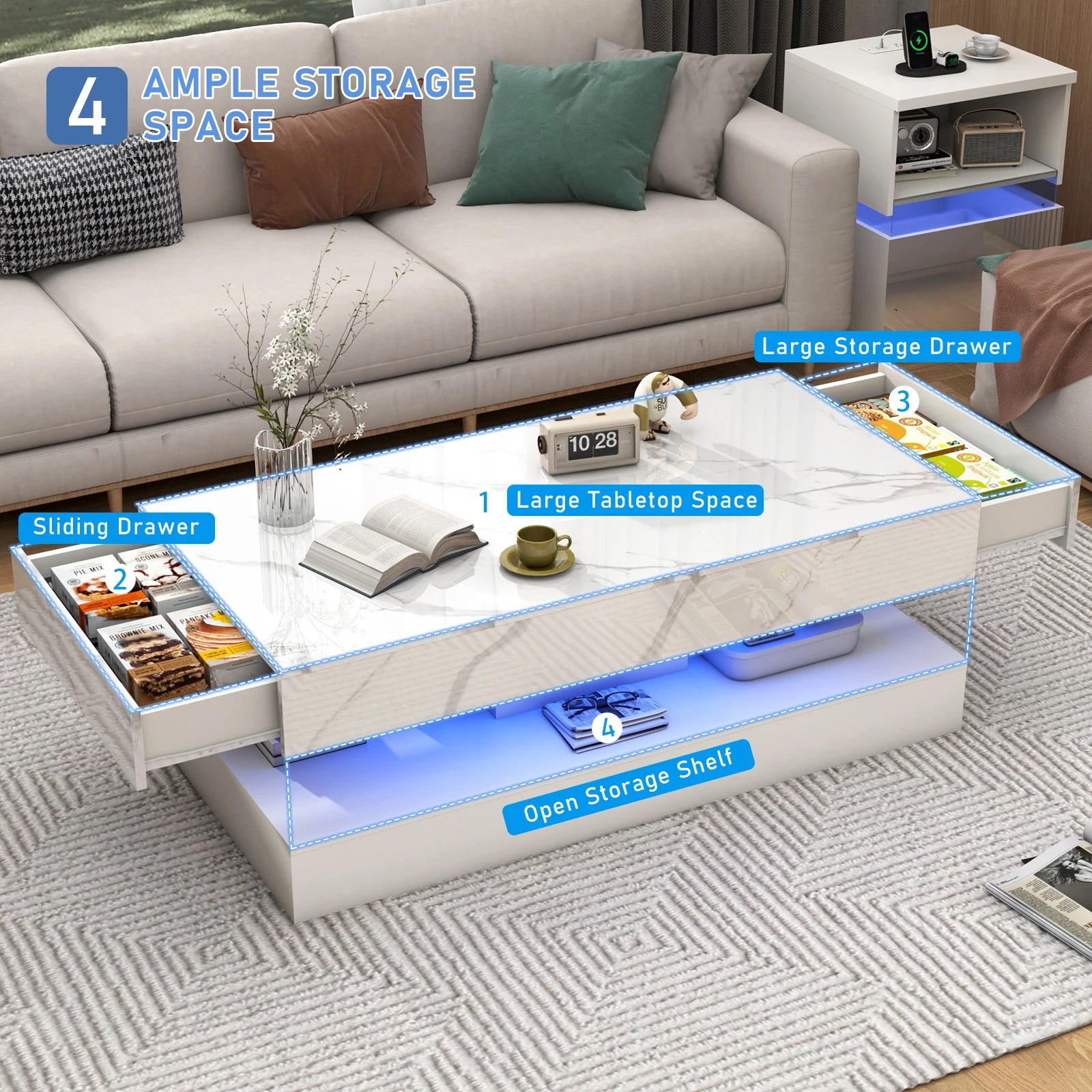 Coffee Table-Modern Stylish Coffee Table with LED lights, Double-Layer Design for Living Room Coffee Table with 2 Storage Drawers