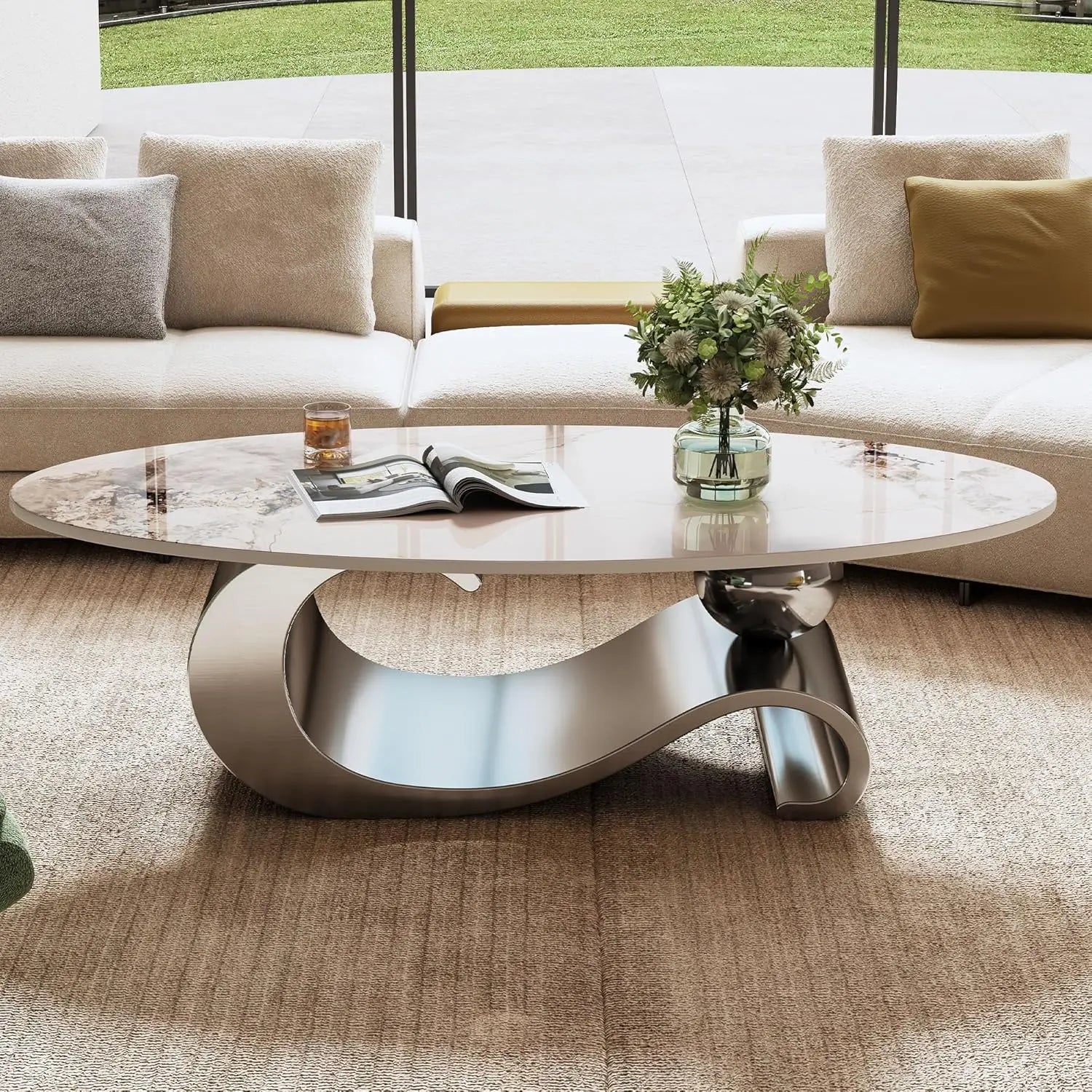Coffee Table-Modern with Silver Stainless Steel Pedestal, Oval, Living Room Table, with Faux Marble Top, & Luxury, Customized
