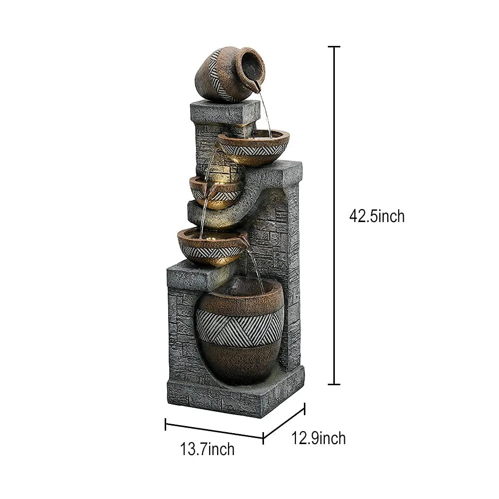 Water Fountain- 5-Tiers Indoor/Outdoor Water Fountain, 42.5 inches, Modern Floor-Standing Cascading Water Feature