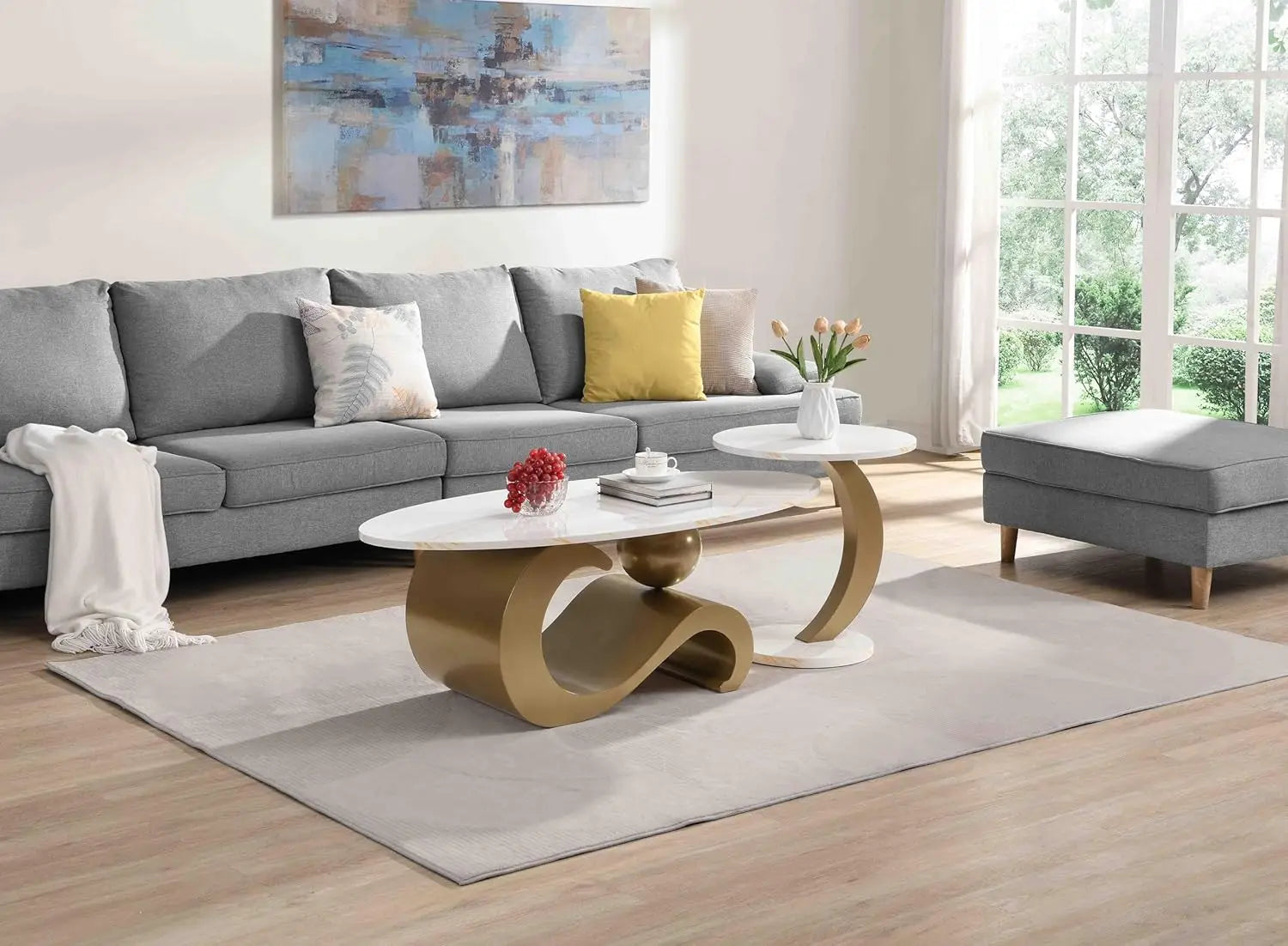 Coffee Table Set-Modern Nesting Oval Coffee Table Set, Faux Marble Top, Gold Metal Base, Living Room, 2pcs, Customized
