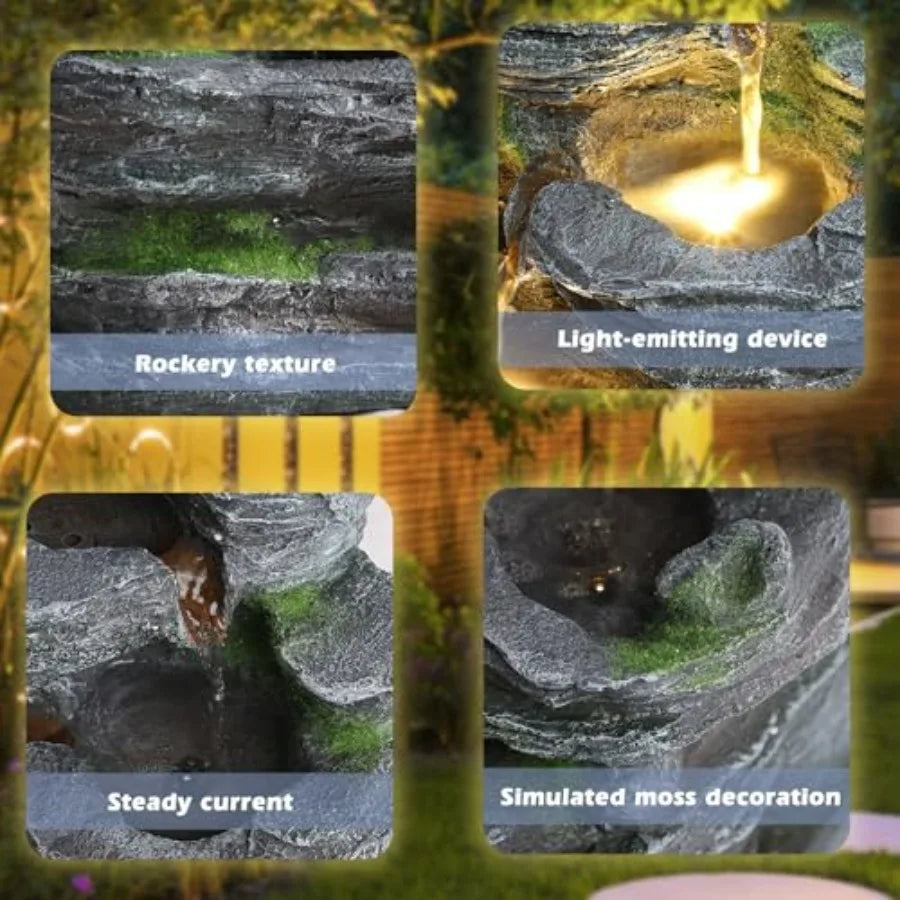 Water Fountain-7 Tiers Cascading, Rock Water Fountain, LED Lights, Outdoor Waterfall Fountain, Garden, Deck, Backyard, Patio, Porch