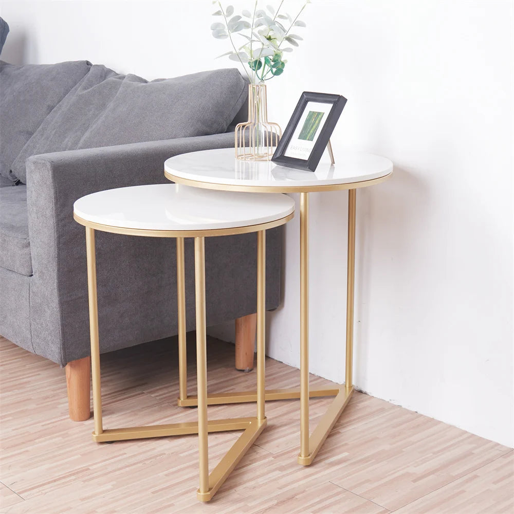 Accent Table-Modern Round Marble Metal Base Nesting Set Side Accent Table Living Room Storage Small End Table, Set of 2, Marble and Gold