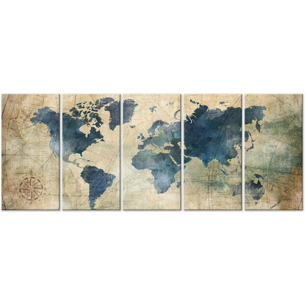 Home Decor: Wall Art: Canvas - Panels 5 - Acoustic - World Map - 90H x 35W inch (228x89cm)