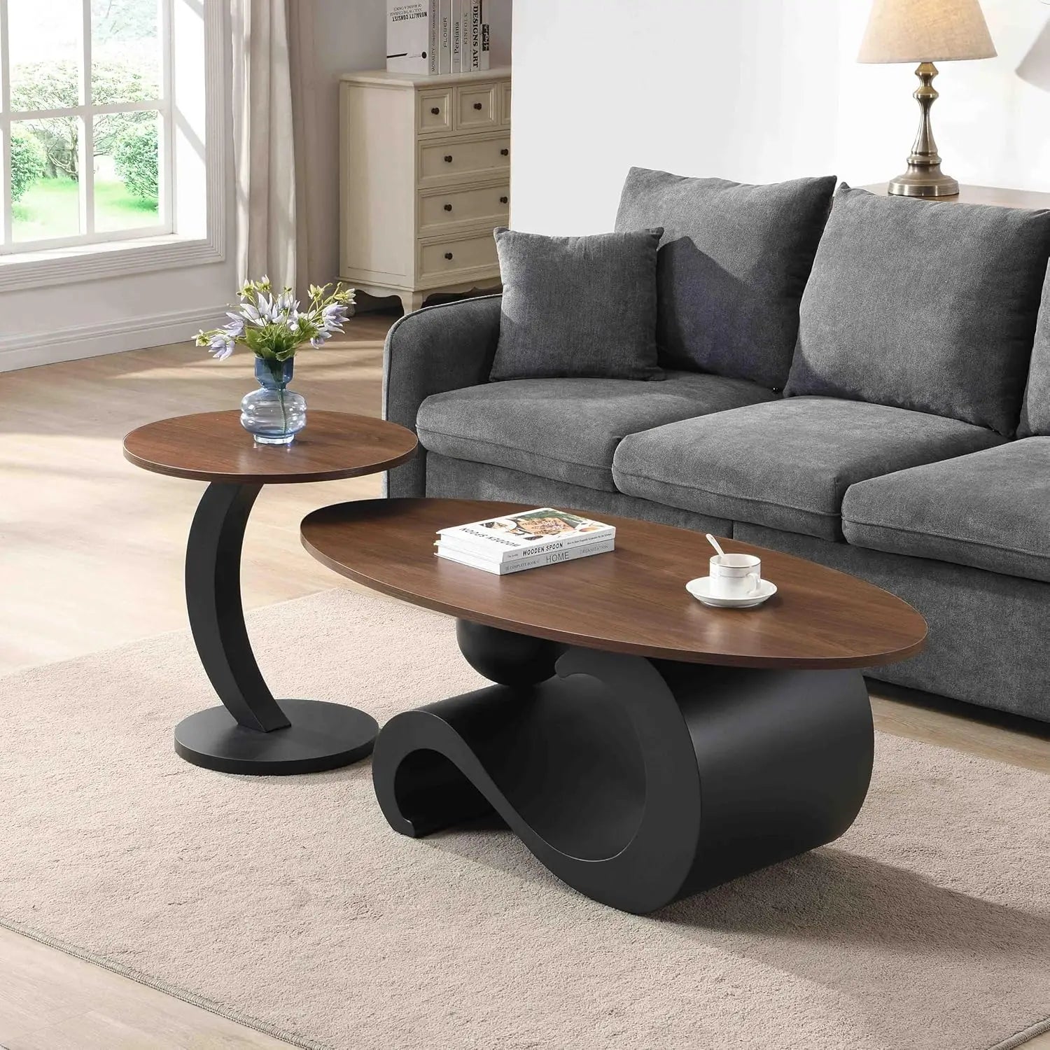 Coffee Table Set-Modern Nesting Oval Coffee Table Set, Faux Marble Top, Gold Metal Base, Living Room, 2pcs, Customized
