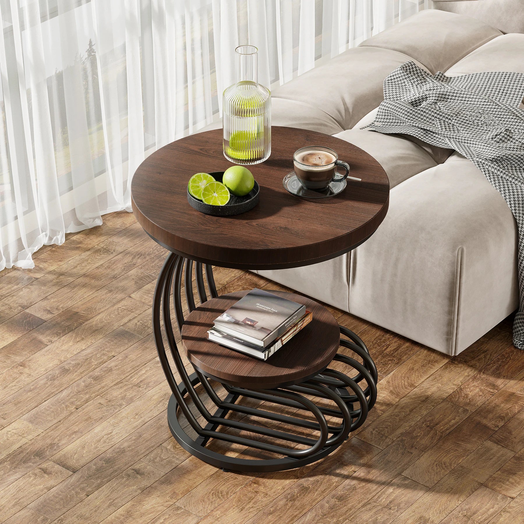 Accent Table-Gold Round Table, 2 Tiers Faux Marble Side Table, Table with Storage Shelf, Modern White Gold Bedside Table, Tribesigns